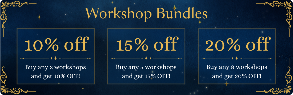 Workshop bundle discounts banner showing 10% off 3 workshops, 15% off 5 workshops, and 20% off 8 workshops.